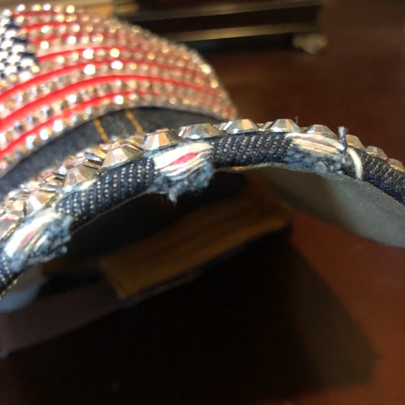 PATRIOTIC DENIM BASEBALL HAT CAP AMERICAN FLAG WITH RHINESTONES DIAMOND ACCENT - Picture 4 of 14